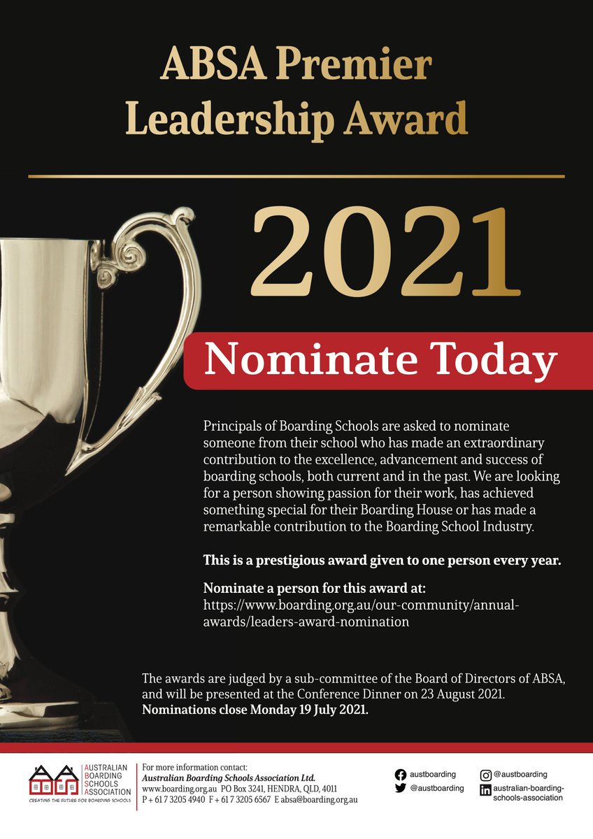 What better chance than National Boarding Week to announce that the annual ABSA Awards are now open for 2021. 

Please download the flyer and nominate through the link on the flyer.  below. Nominations close Monday 19 July.

 #absa2021 #weloveboarding #austboarding  #absaawards