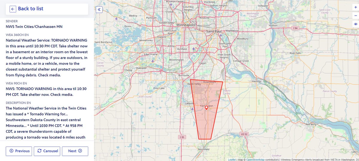 New #Tornado Warning for the Twin Cities suburb of Dakota County.

TAKE SHELTOR when these storms approach! The tornado may be impossible to see!

#MNwx #Minneapolis #Minnesota #TORNADOWARNING https://t.co/bnmp5OuiCW