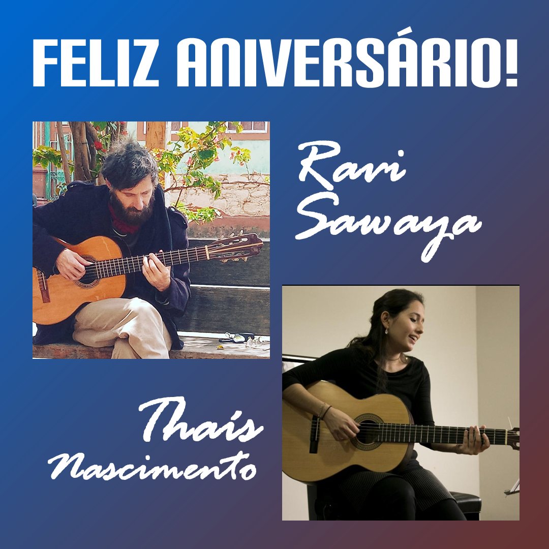 AcademiaLViolao's tweet photo. Felicitações de toda ALV e apoiadores, ao nosso diretor Ravi Sawaya e à nossa apresentadora e parceira Thaís Nascimento, pelo #aniversario de ambos neste dia 19 de maio. Parabéns! Saúde e muitos anos de vida! #felizaniversario #parabens #alv #ravisawaya #thaisnascimentoviolonista https://t.co/qoK9nRoaQ3