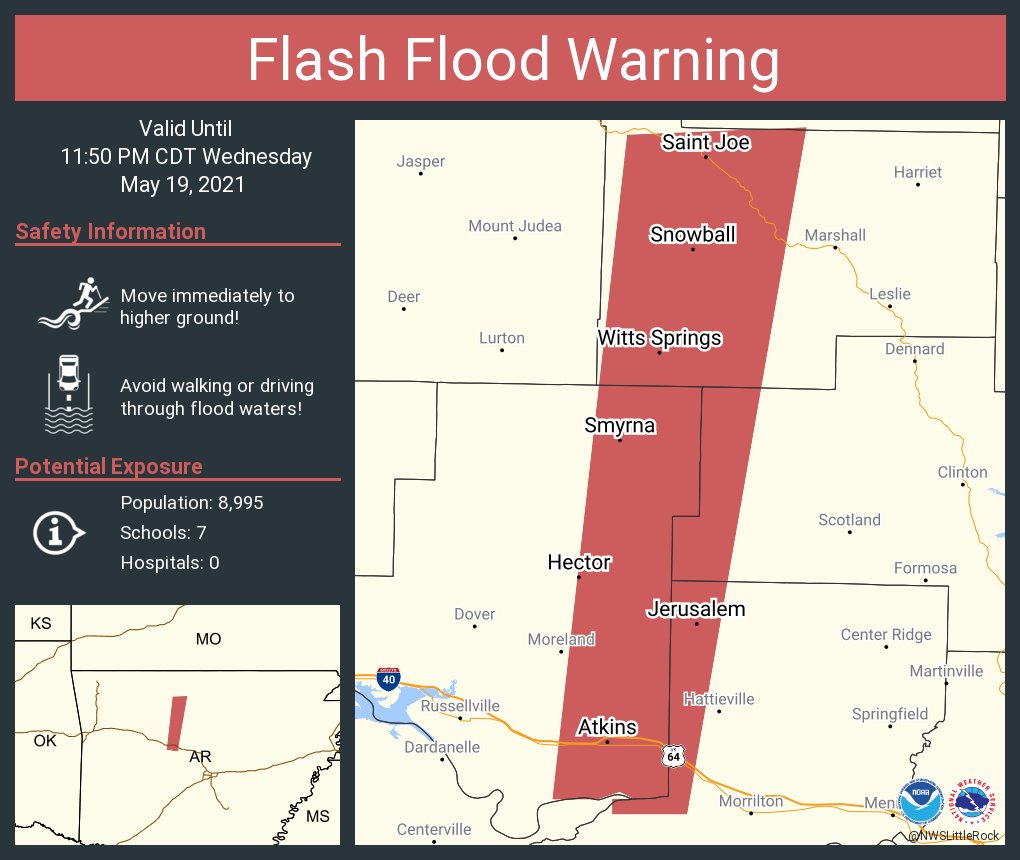NWSFlashFlood's tweet photo. Flash Flood Warning continues for Atkins AR, Hector AR, Saint Joe AR until 11:50 PM CDT https://t.co/839DdnRU4u