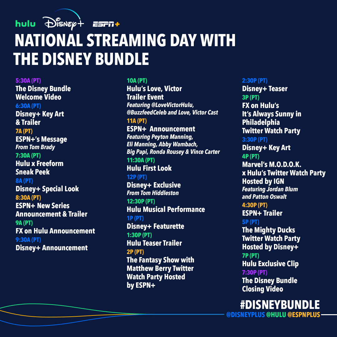 DisneyPlus's tweet photo. Announcements, trailers, watch parties, and more? ➡️ National #StreamingDay has *entered* the chat.

The #DisneyBundle has a lot in store for you today across #DisneyPlus, @Hulu, and @ESPNPlus. https://t.co/7Ot85gW070