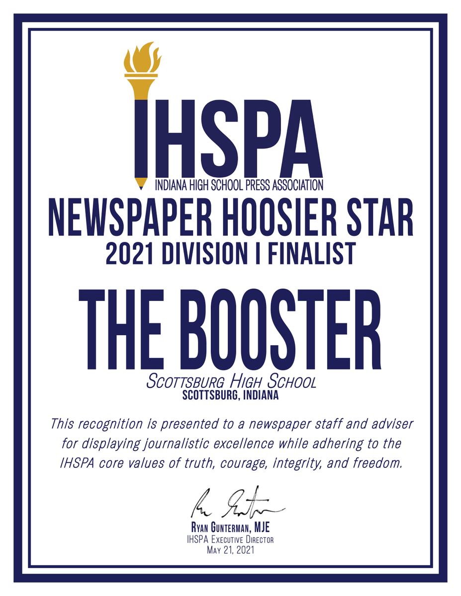 IHSPAnews's tweet photo. The last finalist for newspaper Hoosier Star division I is: 

The Booster (@sburgbooster) from Scottsburg HS (@scottcounty2)

CONGRATULATIONS! https://t.co/fFhxrkTnbF