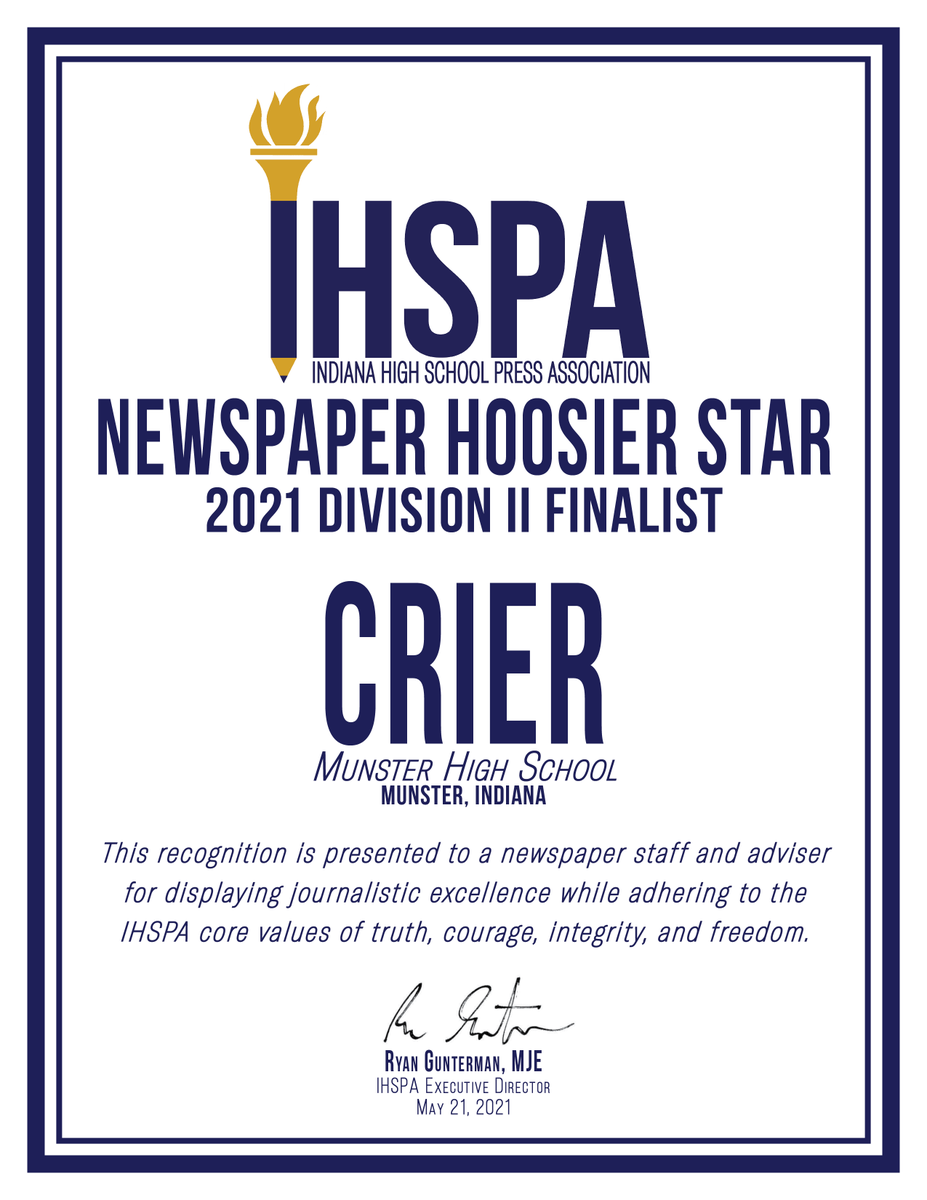 The next finalist for newspaper Hoosier Star division II is:

Crier (<a href="/munstermedia/">Munster Media</a>) from Munster HS (<a href="/MunsterHS/">Munster High School</a> <a href="/MunsterSchools/">STM</a>) 

CONGRATULATIONS!