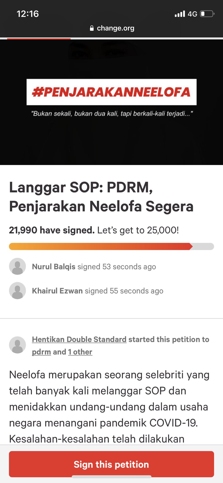 Petition neelofa change.org Social media