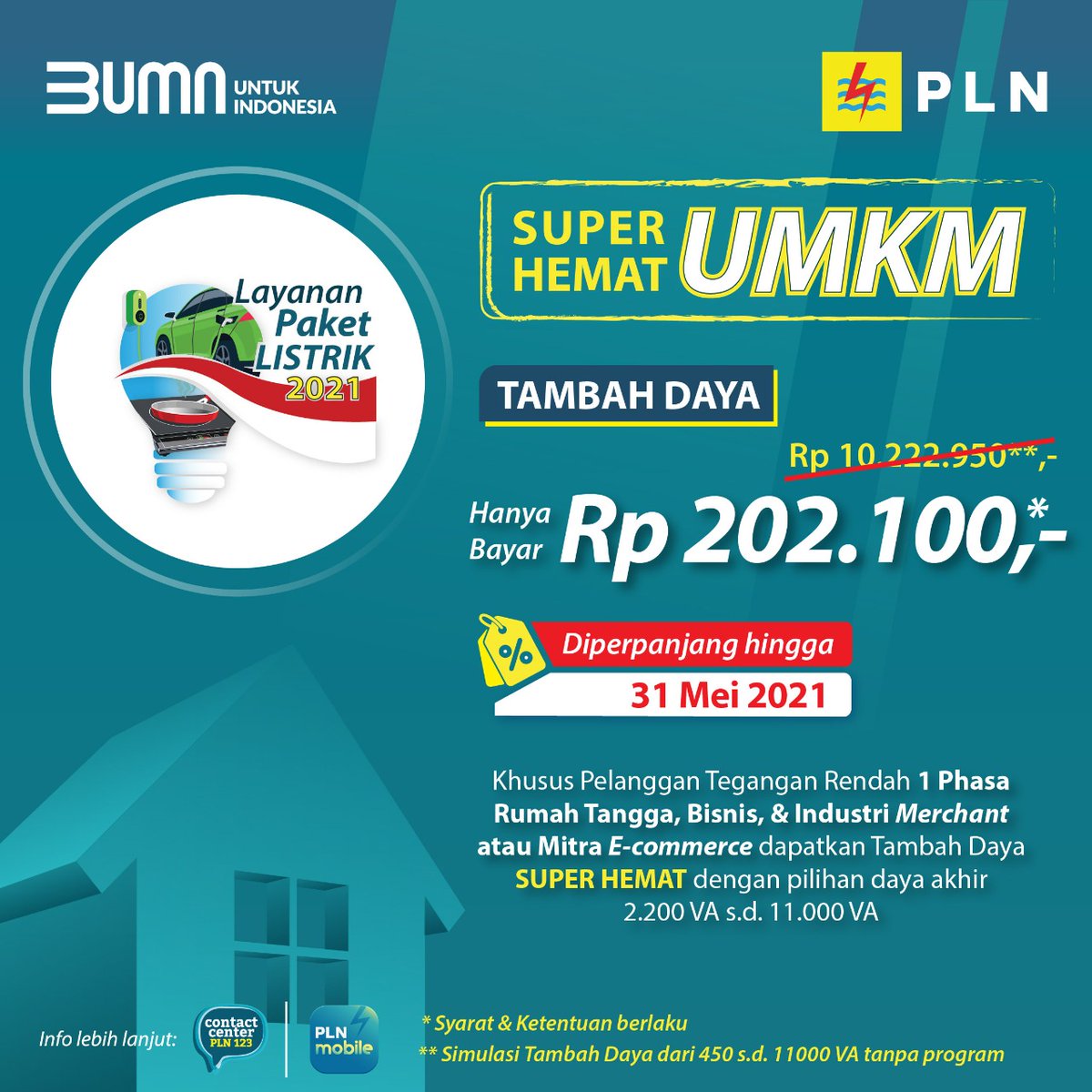 _pln_id's tweet image. Hai Electrizen, 
Ini nih promo dari PLN buat UMKM. Dapatkan tambah daya Super Hemat UMKM dengan pilihan daya akhir 2.200 VA s.d. 11.000 VA. Cuma bayar Rp 202.100,- loh!

#PLNPeduli
#IndonesiaTerang
#UMKMBangkit