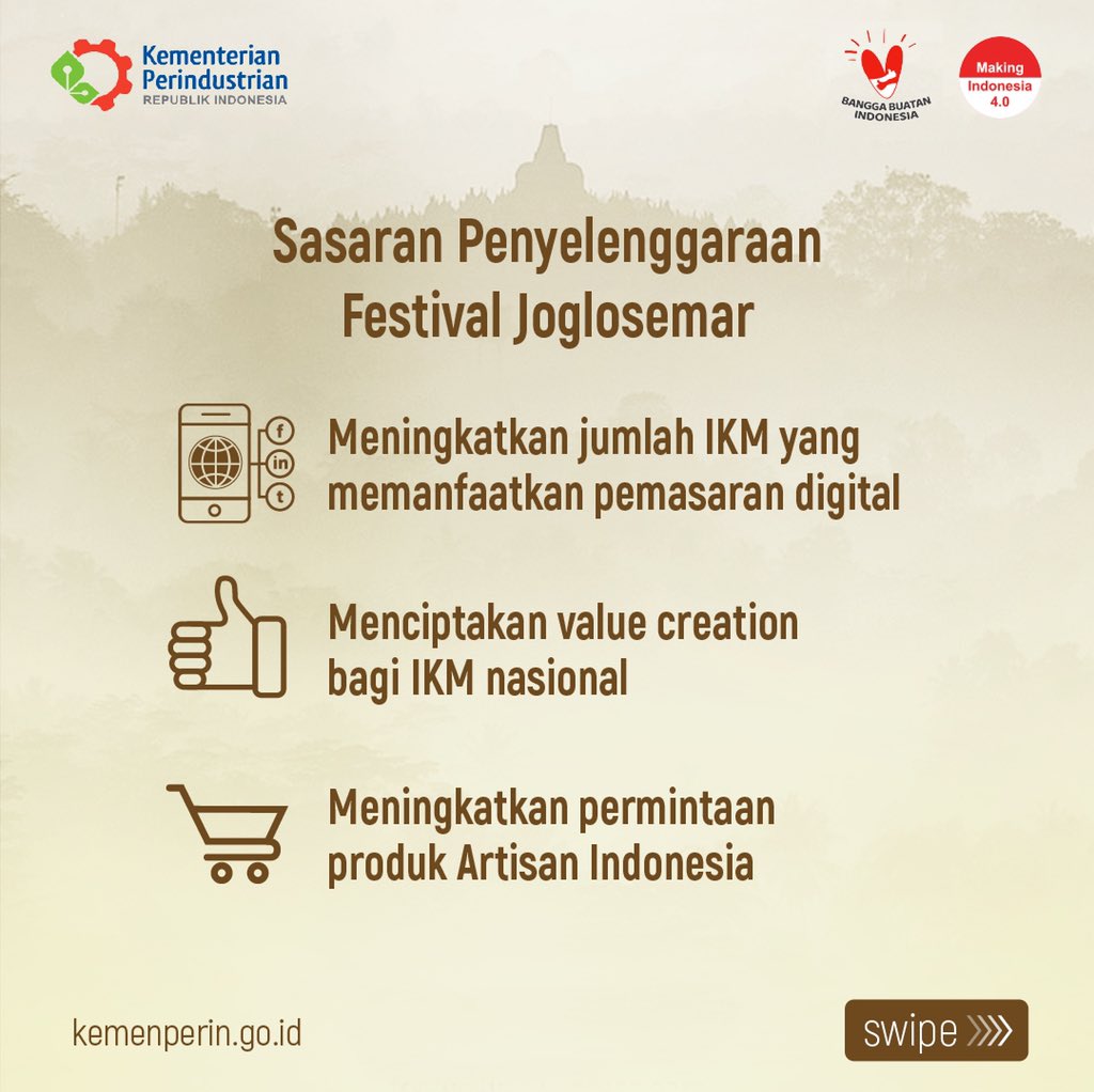 KemenPariwisata's tweet photo. Festival ini juga bertujuan utk meningkatkan jumlah IKM yg memanfaatkan pemasaran digital, menciptakan value creation bagi IKM, dan meningkatkan permintaan produk Artisan Indonesia #ArtisanOfJava #JagaIndustri https://t.co/4yBBKq0WkJ