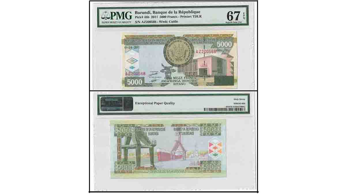 Burundi 5,000 Francs, 2011, P-48b, PMG 67:bit.ly/3wnKtxp

Website :thenumisworld.com

#Numisworld 
#Worldbanknotes
 #Gradedbanknotes
 #Numismatics
 #Banknotesforcollectors 
#Banknotecollectors