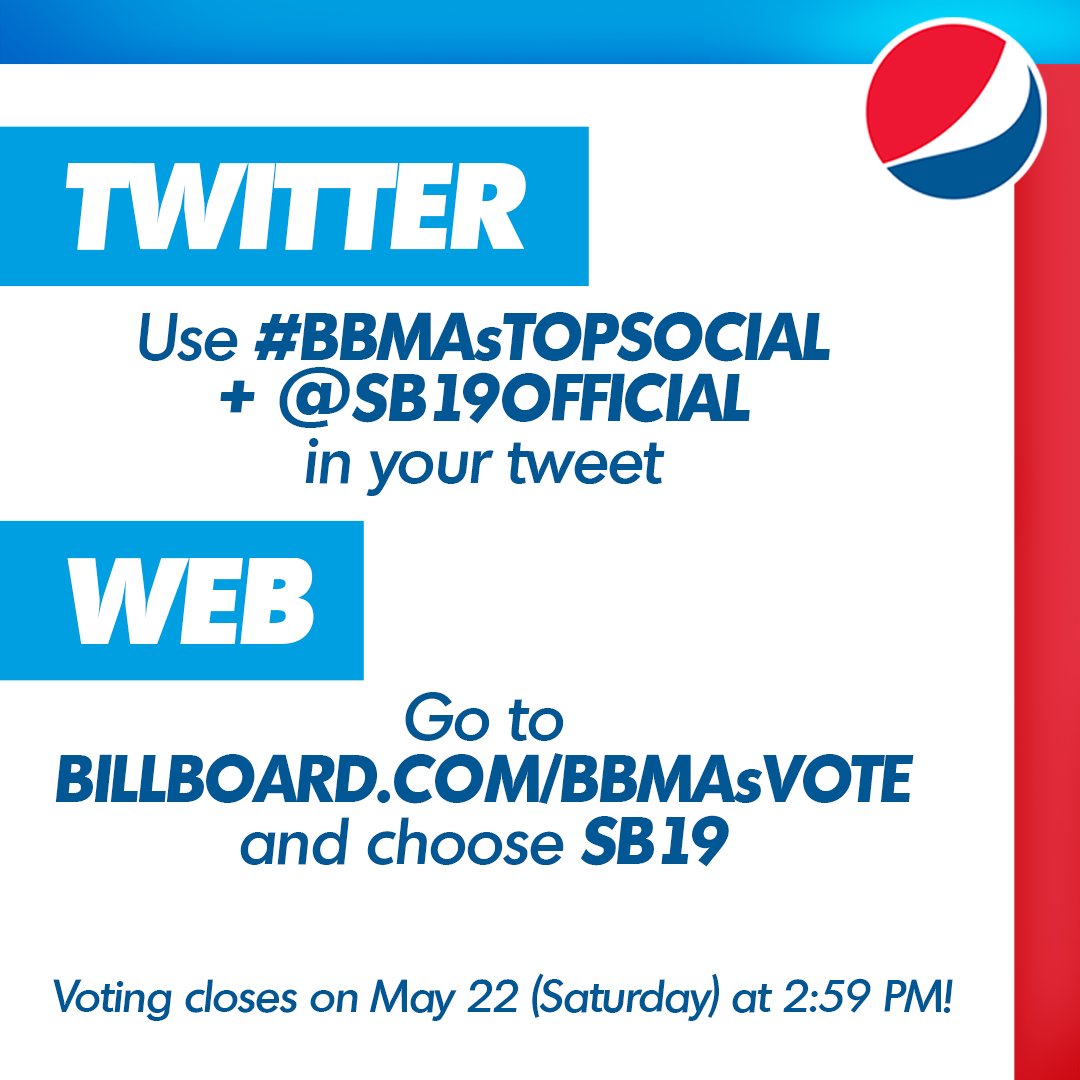 Walang makakapigil sa’tin, Pepsi Fam! Let’s show our all-out support and vote for @SB19Official as Top Social Artist sa Billboard Music Awards. #SundinAngPuso #BBMAsTOPSOCIAL 💙