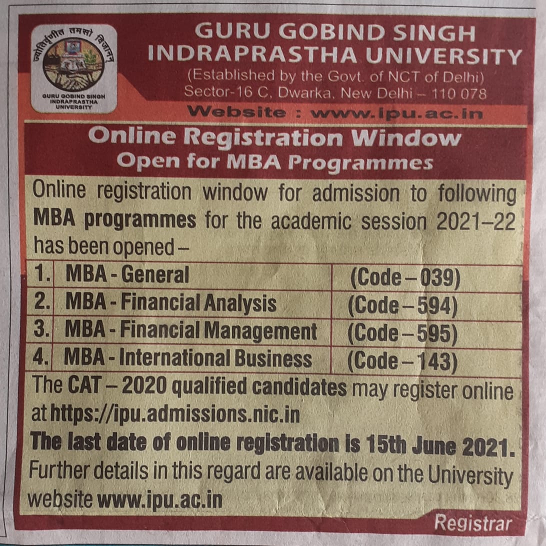 Maims Delhi In Mba Admission Guru Gobind Singh Indraprastha University Session 21 22
