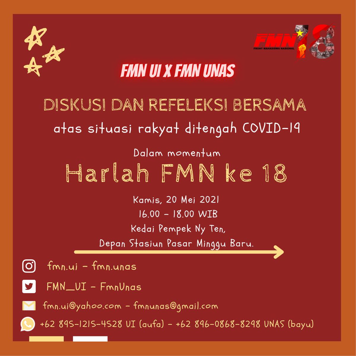 FmnNasional's tweet photo. Diskusi bersama FMN Jakarta! Yuk ikuti keseruannya!
#Sweet18th
#FrontMahasiswaNasional https://t.co/k90cTRQJ0c