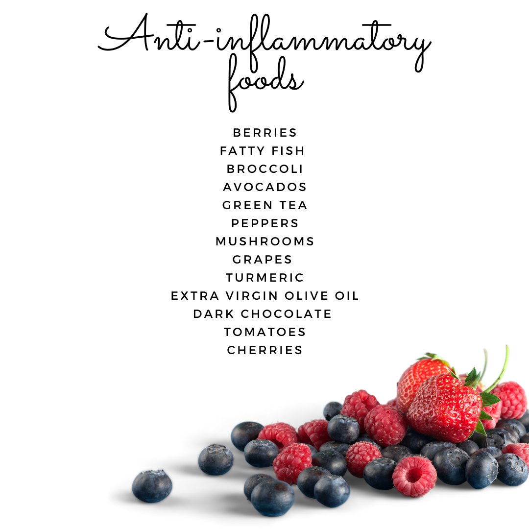 ClearSkyMed's tweet photo. Chronic inflammation can lead to weight gain, disease and even mood disorders. Fight back with a diet high in anti-inflammatory foods. Use this list as a go-to for your meal planning. 
🍓🥦🍅🥑 #antiinflammatoryfood #antiinflammatory #inflammation https://t.co/xAtawJFF3c