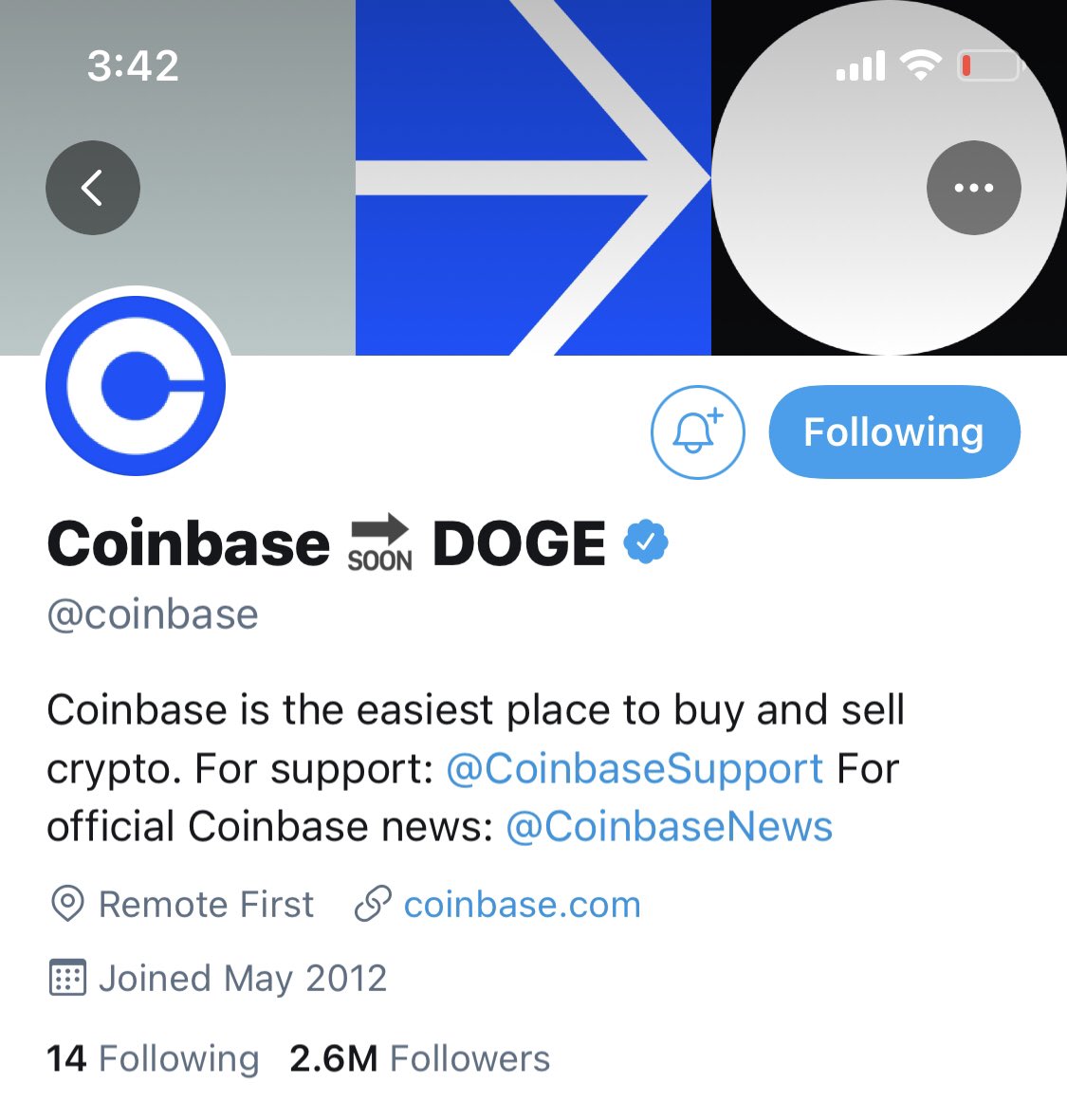 Coinbase updates their Twitter profile to: Coinbase 🔜 Doge

So awesome! 

#DogeOnCoinbase #Dogecoin