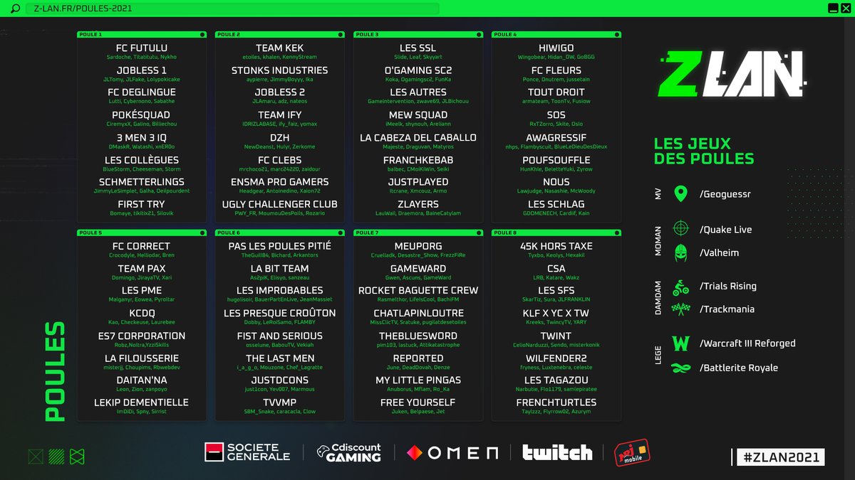 Voilà les poules pour la #ZLAN2021 ! 🤯 

Seuls les 2 premiers de chaque poule passeront dans l'arbre dès samedi soir 👀