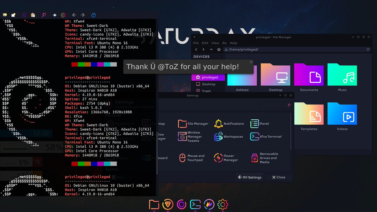 XfceNation's tweet photo. Xfce #DesktopFriday
Credit: desipher (Xfce Forum)
#ViernesDeEscritorio #جمعه_میزکار #ShowYourDesktopFriday #ShowYourLinuxDesktop #ShowYourLinuxDesktopFriday #XfceOnTheDesktop #MakeXfceBeautiful #XfceUI #Debian https://t.co/qVkVYYS8ti