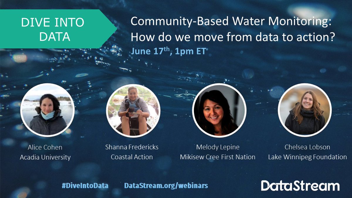 DataStreamH2O's tweet photo. How do we move from Community-Based Water Monitoring data to action?
Find out at our June 17 #DiveIntoData webinar with:
💧Alice Cohen, @AcadiaU
💧Shanna Fredericks, @coastalaction
💧@Melody_Lepine, @MikisewCreeGIR
💧Chelsea Lobson, @SaveLakeWpg
Join us https://t.co/sp8k8Y3Uor https://t.co/yKAx7F7xcp