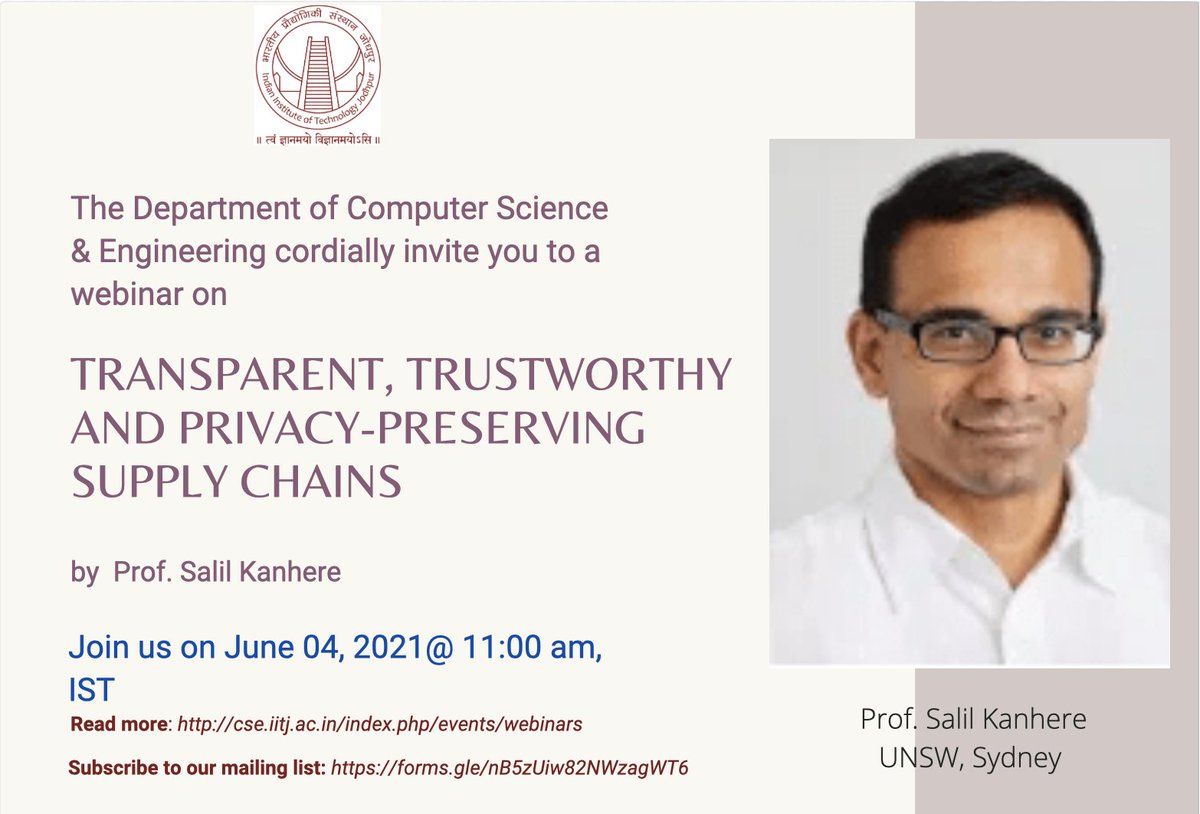 CSEIITJ1's tweet image. Join us for a talk by Prof. Salil Kanhere on "#Transparent, #Trustworthy & #Privacypreserving #supplychain" - June 4 '21 @ 11am (IST)
Details: lnkd.in/eqGbz3m
Previous lectures: lnkd.in/g2DMbJp
Mailing list: lnkd.in/gxAsdiP
#iitjodhpur #cseiitjodhpur