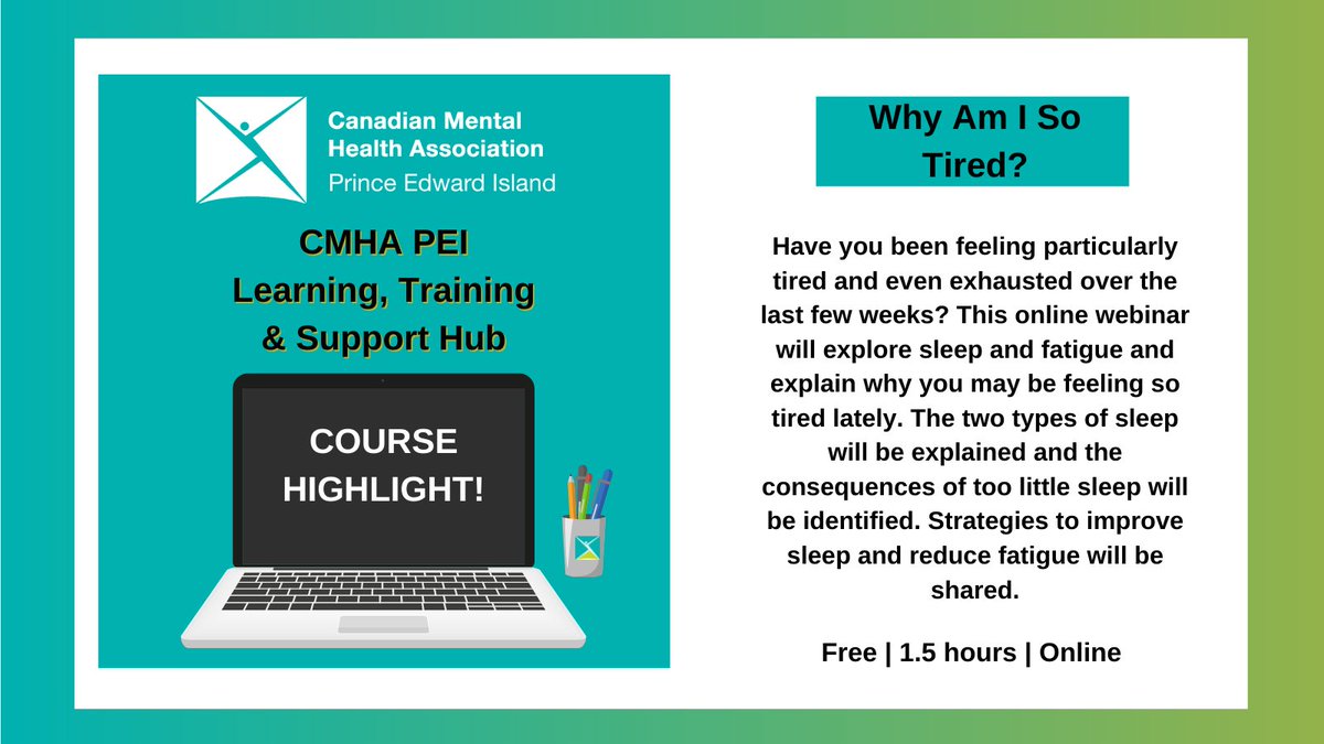 Happy Friday 🎉😀👍 
Have you ever found yourself wondering throughout the week "Why am I so tired?" 🤔🤔Well, this online webinar may answer that question!🤯🤯To register &amp; to find more awesome webinars visit pei.cmha.ca/home/our-progr… #Courses #Programs #Education #MentalHealth