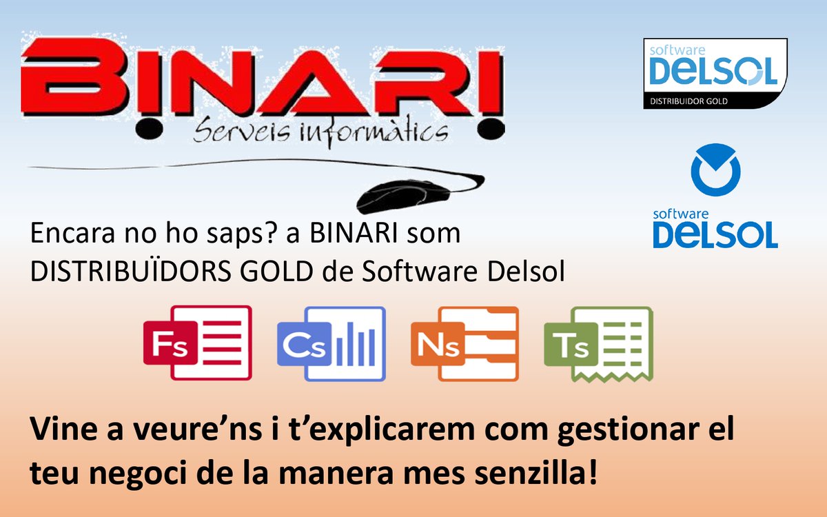 binariTIC's tweet photo. a Binari som distribuïdors Gold de Software Delsol, vine a veure'ns i t'assessorarem de com millorar en la gestió de documents de la teva empresa
#facturació #comptabilitat #controldevendes #factusol #contasol #tpvsol #softwaredelsol #binari #informatica #mollerussa https://t.co/lPqNdPpdJo