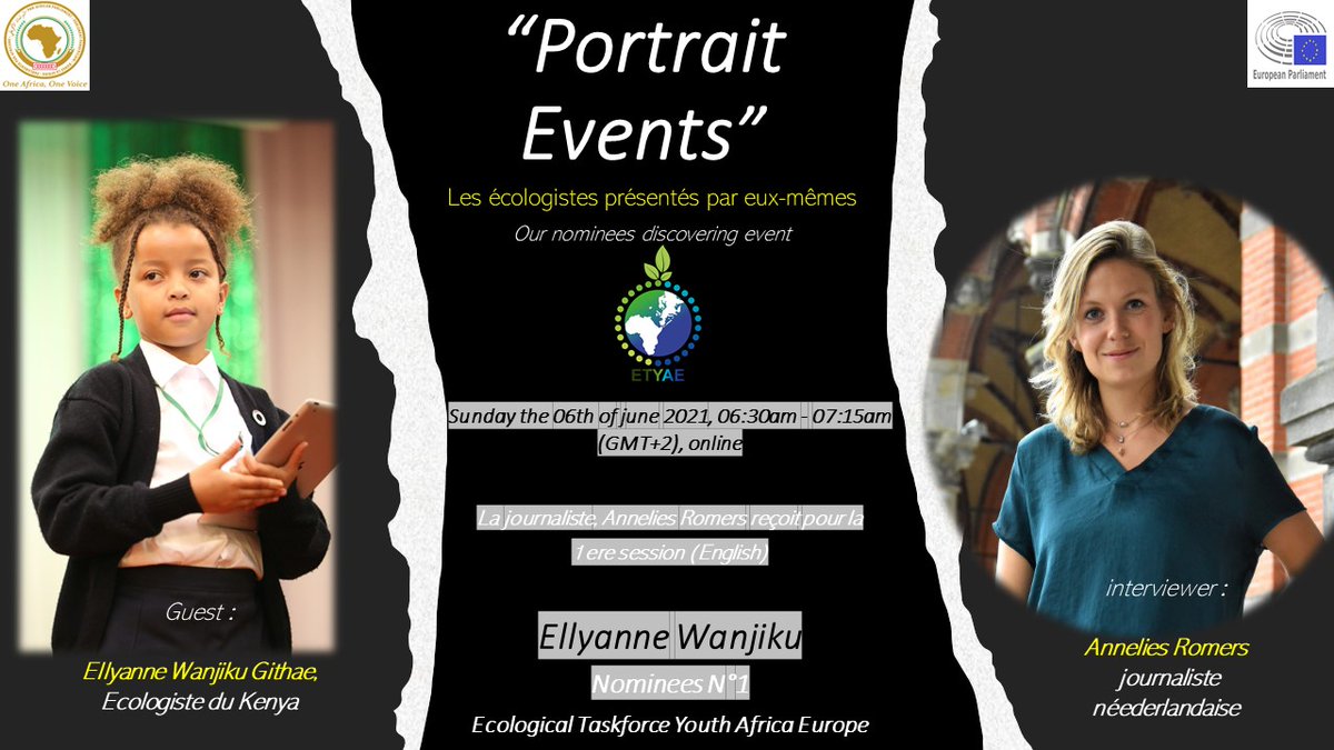 TaskforceAfrica's tweet photo. "Portrait Event" 45min

From 06:30pm to 07:15pm, sunday the 06th of june 2021
A new event where you are invited to discover our nominees and advisory council members for the "Ecological Taskforce Youths Africa Europe"
Register : https://t.co/32XeR9ofgl https://t.co/lHI2kKIJdF