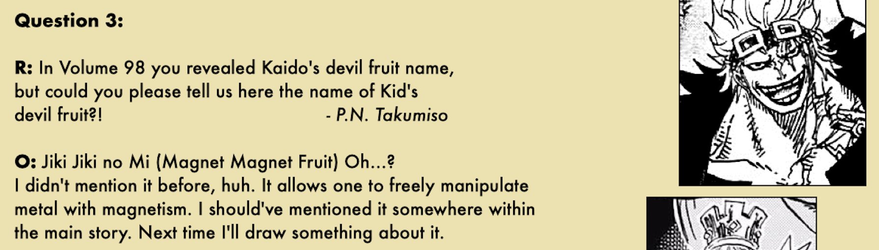 Artur Library Of Ohara Sbs99 Oda Confirms Kid S Devil Fruit Is Called The Jiki Jiki No Mi