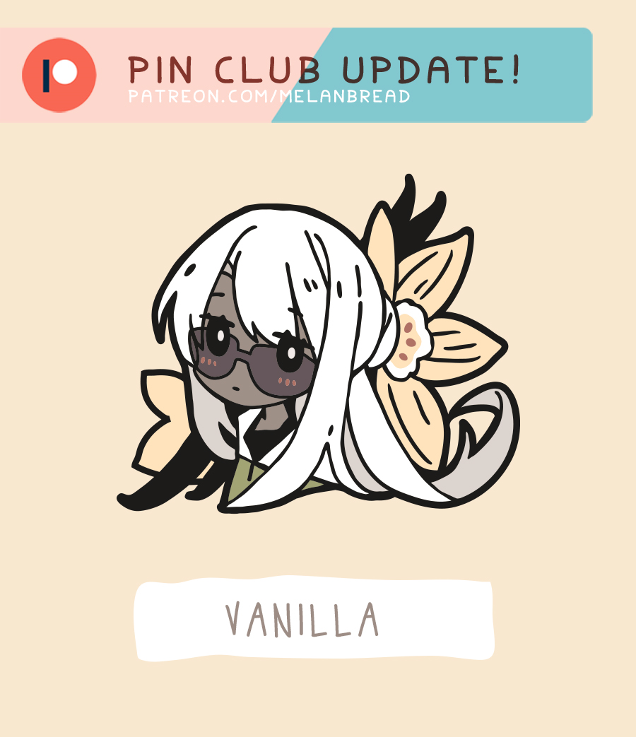 July's Patreon pin club theme is "Vanilla" featuring a girl with a hair bun like vanilla ice cream who cultivates vanilla plants. 

This month's merch will be 1 pin, 1 postcard + sticker sheet with foil accents & 1 die cut sticker. Pledge before June 30 to get these shipped.⁣⁣ 