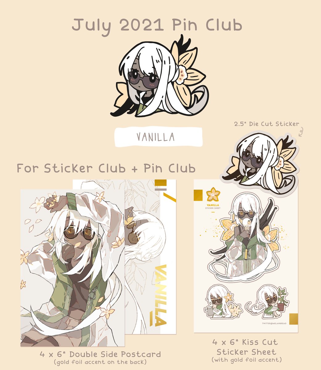 July's Patreon pin club theme is "Vanilla" featuring a girl with a hair bun like vanilla ice cream who cultivates vanilla plants. 

This month's merch will be 1 pin, 1 postcard + sticker sheet with foil accents & 1 die cut sticker. Pledge before June 30 to get these shipped.⁣⁣ 