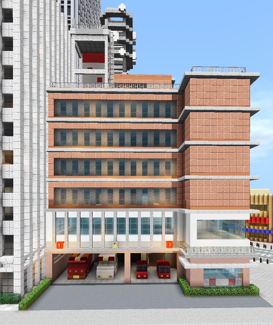 Fugio_Minecraft's tweet photo. 「泉山市消防局本部庁舎」

泉山にやっとはしご車が配備されました(泣)、屋上には訓練棟もあり、車庫も二箇所あります。今度泉山の消防車紹介します���参考にでもして下さい。

#���イクラ #Minecraft #minecraft建築コミュ #消防署 https://t.co/lZcR7GiZ0F