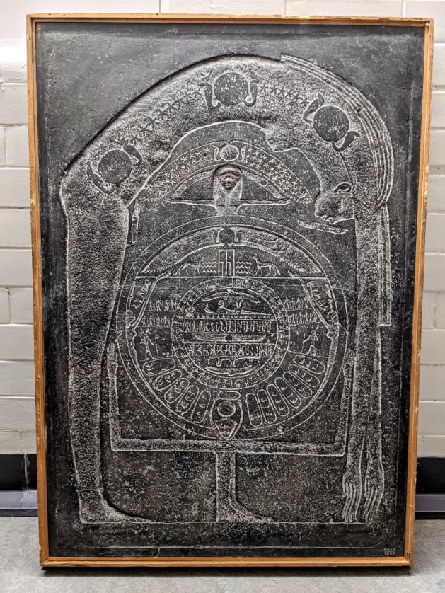 EgyptMcr's tweet photo. Back in @McrMuseum today with @agms10 student @mo3llyxp - looking at objects sent to us by the @ExploreWellcome in the early 1980s. Here's one: a cast based on the Dendera Zodiac 👇 https://t.co/m4j4Dx3FPa