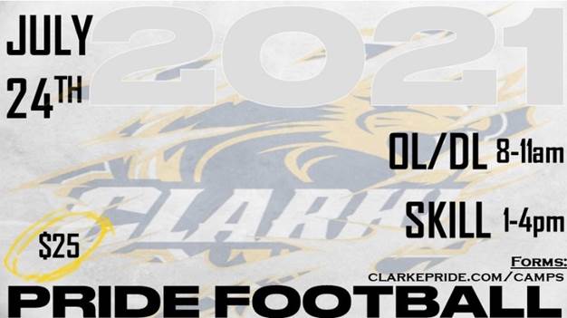 Attention Tiger Football players, please follow the link to register for a July 24th Camp by Clarke University. This is your chance to get evaluated by their coaching staff and possibly receive an offer! You do not want to miss this opportunity! #FOE 
clarkepride.com/Camps