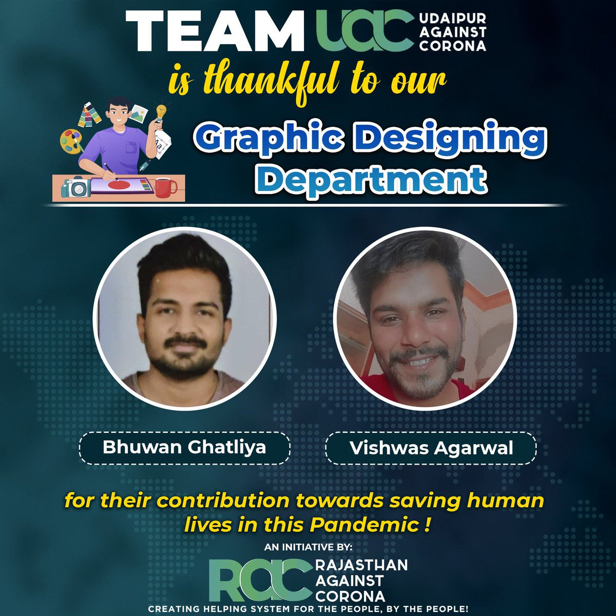 CoronaUdaipur's tweet photo. Team UAC is thankful to our Graphic Designing Dept. for their selfless contribution towards saving human lives in this Pandemic!
They were always available with creative ideas for the team to reach out to public for creating awarness.
#udaipur #उदयपुर #rajasthan #graphicdesigner https://t.co/EIqfmfXcjX
