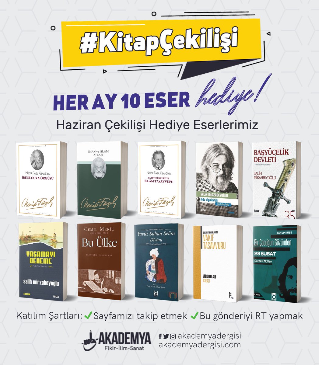 akademyadergisi's tweet photo. 📚HER AY ON ESER HEDİYE - HAZİRAN ÇEKİLİŞİ

🎁On takipçimize, Akademya'dan birer eser hediye... 

🗓️ Haziran kazananlarımız, 8 Haziran Salı 21.00'de...

✅ Takip + RT (Son katılım 7 Haziran Pazartesi)... 

#KitapÇekilişi https://t.co/HbkvEXmnDb