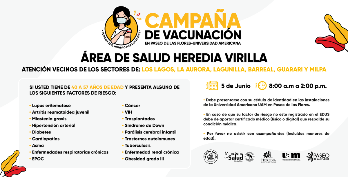 Si sos de las zona de Heredia Virilla, este sábado de 8:00 am a 2:00pm  estaremos en la campaña de vacunación contra el COVID-19 en las instalaciones de la <a href="/uam_cr/">Universidad Americana (UAM)</a>  en Paseo de las Flores. Personas entre 40 a 57 años de edad con los factores de riesgo de: bit.ly/3gcDTDQ