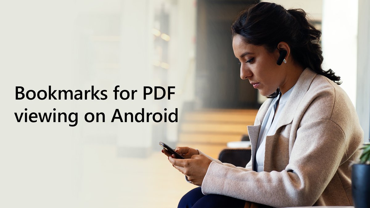 Text read "Bookmarks for PDF viewing on Android". Person looking down at a phone.