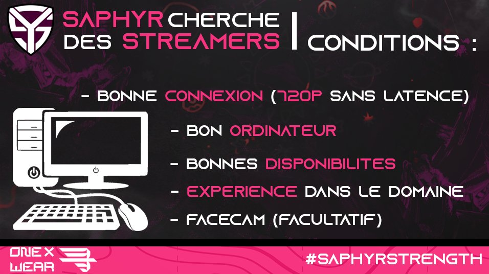 TeamSaphyr's tweet photo. La @TeamSaphyr est à la recherche de streamers capables de maintenir une activité sur notre WebTV ! 📢

📺 > https://t.co/ic8qthrJS3

Nous vous invitons à nous contacter par message privé pour en savoir plus ou pour nous envoyer votre candidature 📨

#SaphyrStrength https://t.co/bAlvdsZx1n