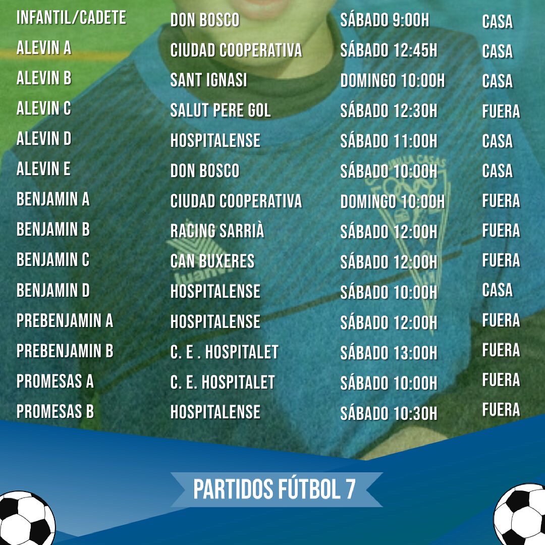 🔵⚪️ [PARTIDOS]

👉🏽 Estos son los partidos de este fin de semana. 

🗣 ¡No te lo pierdas! 

#futbolbase #amateur #fcf #consellescolar #cepubillacasas #hospitalet