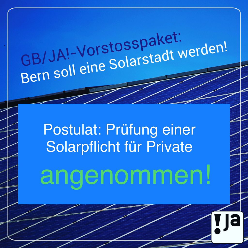 Der Stadtrat nimmt unsere Solarvorstösse an! 💚 Alle geeignete städtischen Dächer müssen bis 2035 mit Solaranlagen ausgestattet werden. Und der Gemeinderat muss prüfen, ob er eine Pflicht für Solaranlagen auf privaten Dächern einführen kann.
@GruenesBuendnis <a href="/KatGallizzi/">Katharina Gallizzi</a>