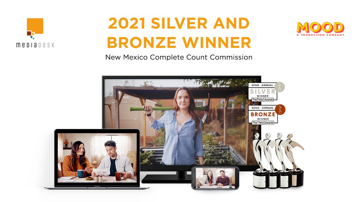 MediaDeskNM's tweet photo. Our home state has a lot of talent and a lot to celebrate. The commercials we created with [Mood, formerly Jak+Flux] for @GovMLG's statewide census campaign won four international @tellyawards! 

Census data also shows that NM exceeded response expectations. Now that’s a win-win! https://t.co/2YEix4pmCq