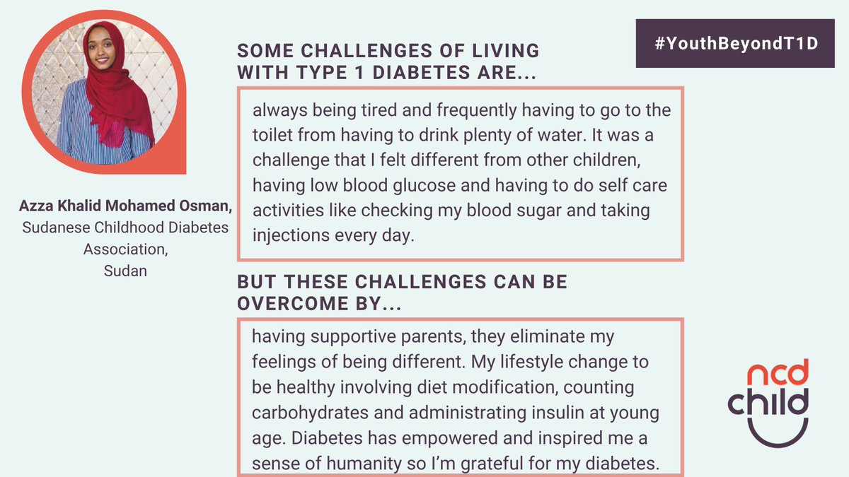 NCDChild's tweet photo. For @Azzakhalid23 who lives in 🇸🇩, having her parents as a support system has helped for overcome her challenges of living with #T1D and empower her to accept and be grateful for living with #diabetes 💪. #YouthBeyondT1D

Learn more: https://t.co/r4yIhIb9HG https://t.co/3k57V0LUtH