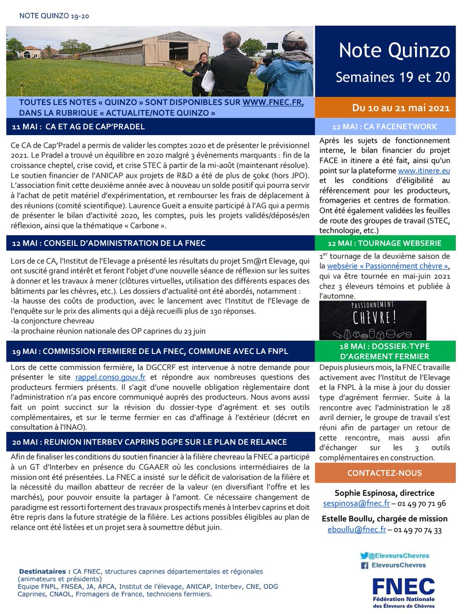 EleveursChevres's tweet image. 🗞 La dernière #NoteQuinzo est parue !

➡️ Au programme : CA et AG #CapPradel, CA #FACEnetwork, CA #FNEC, tournage websérie #PassionnémentChèvre, commission fermière de la FNEC, dossier-type d’agrément #fermier et réunion #Interbev #Caprin avec la #DGPE sur le plan de relance 🐐