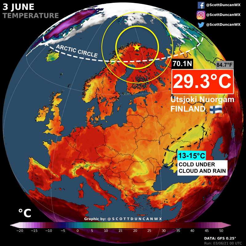 ScottDuncanWX's tweet photo. Finland's 🇫🇮 most northern weather station within the Arctic Circle just recorded a staggering +29.3°C (84.7°F) at 70.1N.

This is exceptional for early June and a stark contrast to the remarkable low temperatures under cloud and rain further south.

THREAD https://t.co/8G22c45jwb