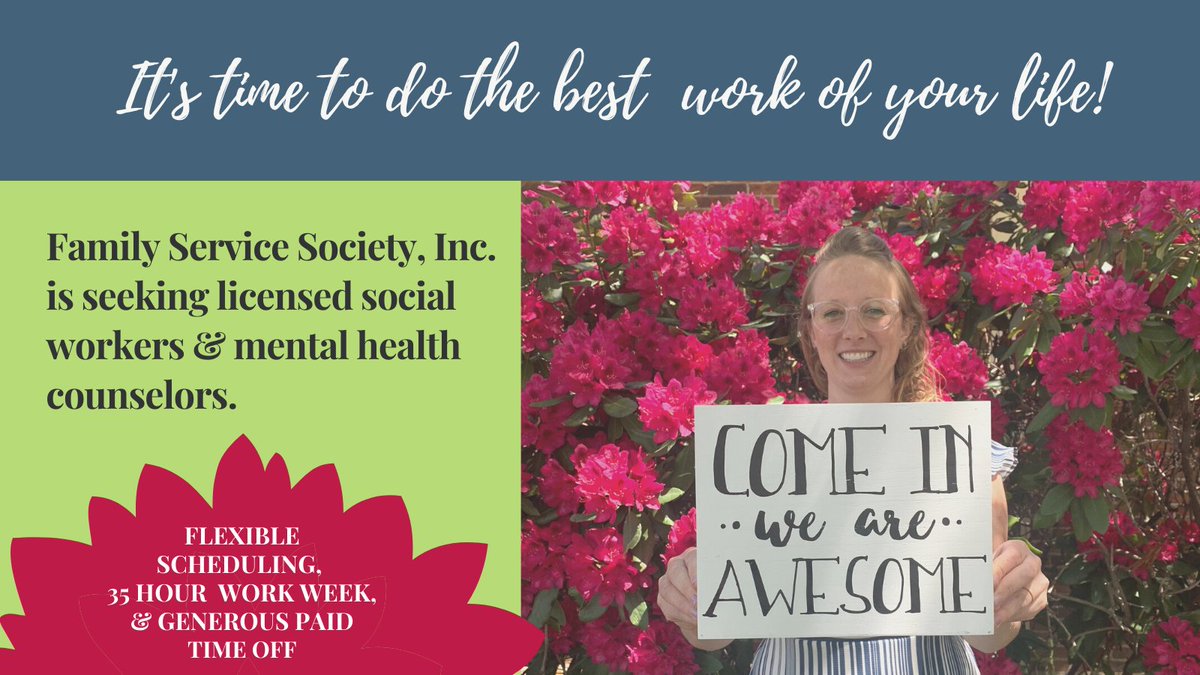 FamilySvcSoc's tweet photo. COME AND MAKE A DIFFERENCE IN THE LIVES OF CHILDREN AND FAMILIES! Family Service Society, Inc. is seeking licensed social workers and mental health counselors. Email your resume to Erinn Charlanow, HR Director at: charlanowe@familyservicesociety.org https://t.co/vC8jSWpr9j