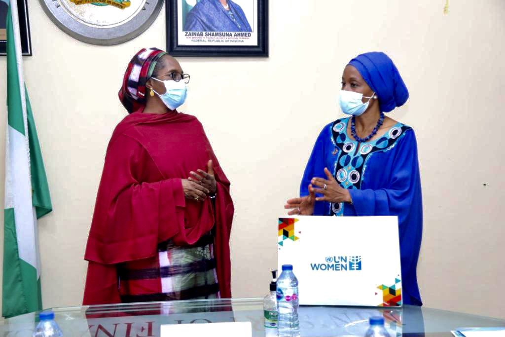 FinMinNigeria's tweet photo. Hon. Minister, Mrs. Zainab Shamsuna Ahmed @ZShamsuna received in audience the @UN_Women Representative to Nigeria and ECOWAS, Ms. Comfort Lamptey, @ComfortLUNWomen at the Ministry of Finance HQ in Abuja, Nigeria. #FinMinNigeria #GenderEquality https://t.co/qqimwehiok