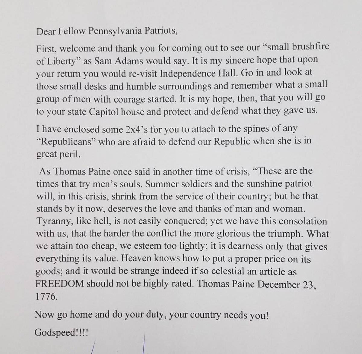From General Flynn: 'This is the letter from Arizona Patriots to their fellow Patriots from Pennsylvania. Please make this go viral 🇺🇸'