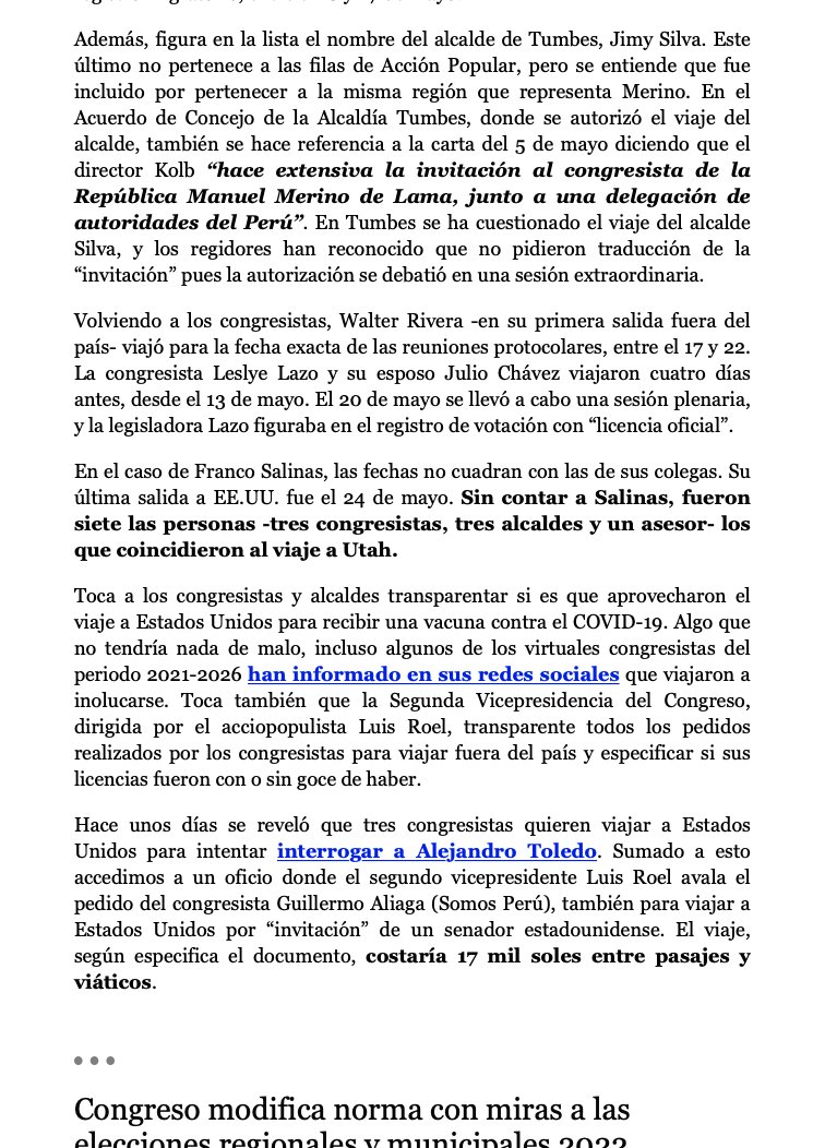 #PasosPerdidos. Algunos congresistas están aprovechando los últimos meses de gestión para viajar fuera del país, especialmente a Estados Unidos. Acá la historia de una caravana de congresistas y alcaldes de #AcciónPopular. Suscríbete al newsletter acá: elcomercio.pe/newsletters/