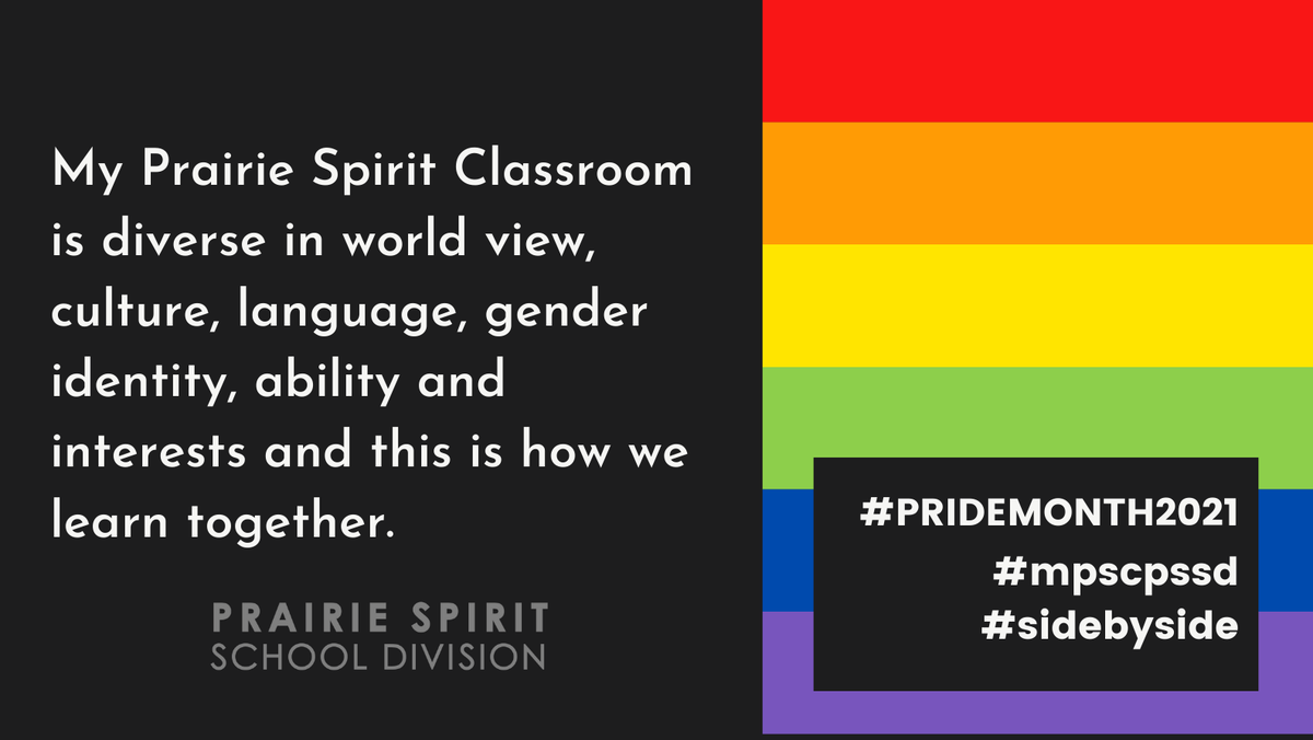 prairiespiritsd's tweet image. Pride month 2021: 

Prairie Spirit Learners feel accepted, confident + safe to engage in learning where individual diversity, ability, interests, backgrounds, cultures + life experiences are welcomed and valued. #Pride2021 

Source: PSSD Strategic Plan: buff.ly/2YFbYTV