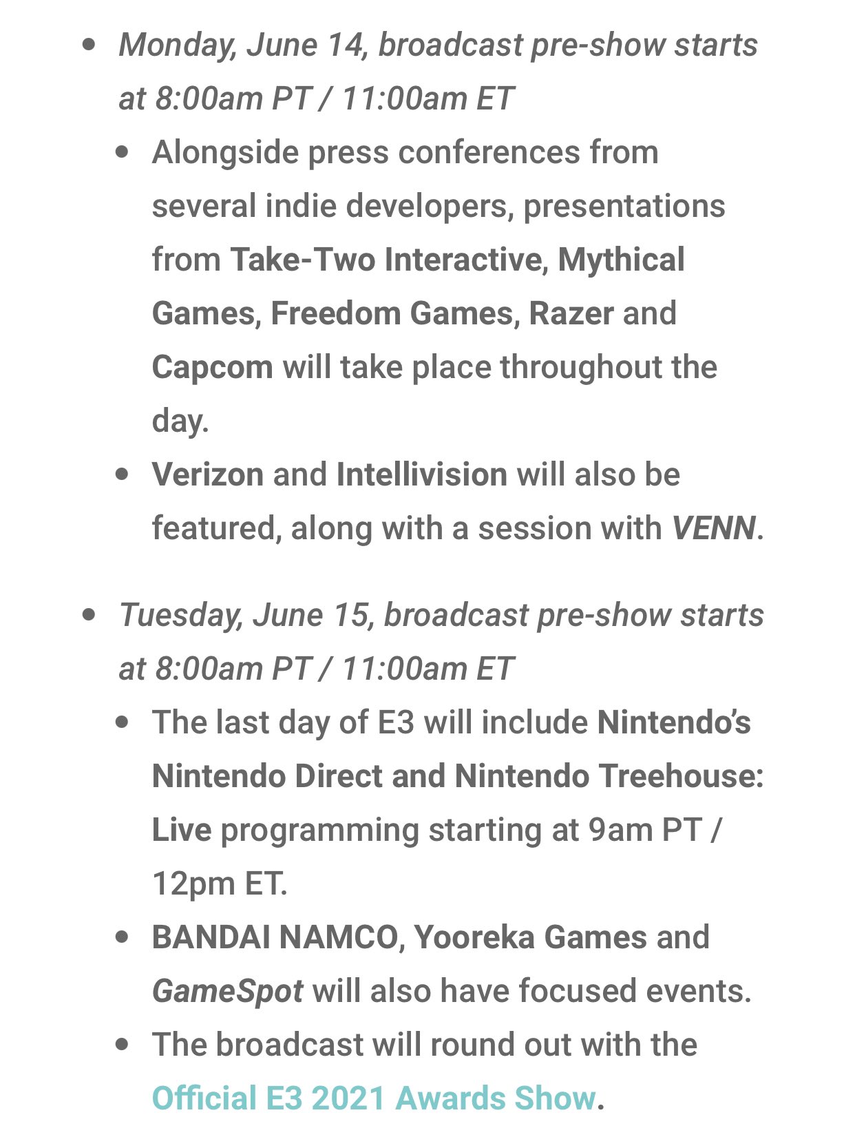 E3 2021 Broadcast Schedule - Every E3 2021 Conference Show Schedule