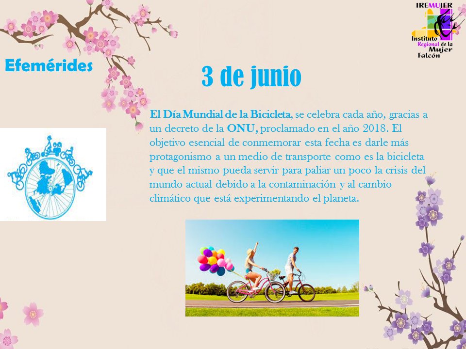 #Efemérides #JunioBicentenario 
Decreto de la ONU en el año 2018. para darle protagonismo al medio de transporte como es la bicicleta y que el mismo pueda servir para paliar un poco la crisis del mundo debido al cambio climático que experimenta el planeta.
#DiadelaBicicleta