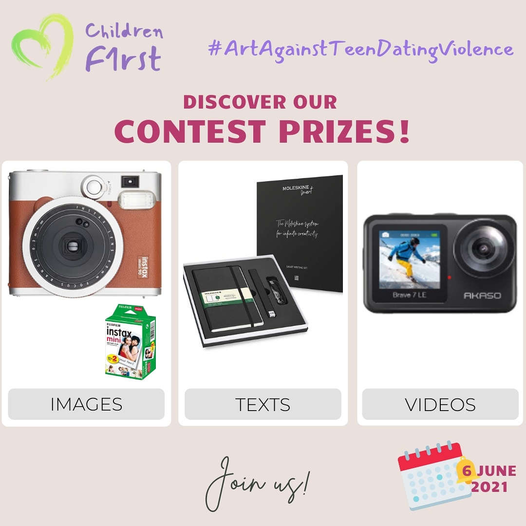 ChildrenFirst16's tweet photo. 📢 Discover our #prizes for each category! 
▪︎Images: Fuji Instax Mini
▪︎Video: Action camera
▪︎Texts: Smart Writing Set
➡️ Link in bio to join us! ⏰ Until June 6th
#ArtAgainstTeenDatingViolence #ChildrenFirst #TeenDatingViolence #GenderBasedViolence #GenderEquality #srgbv https://t.co/NA1MIE6jUz