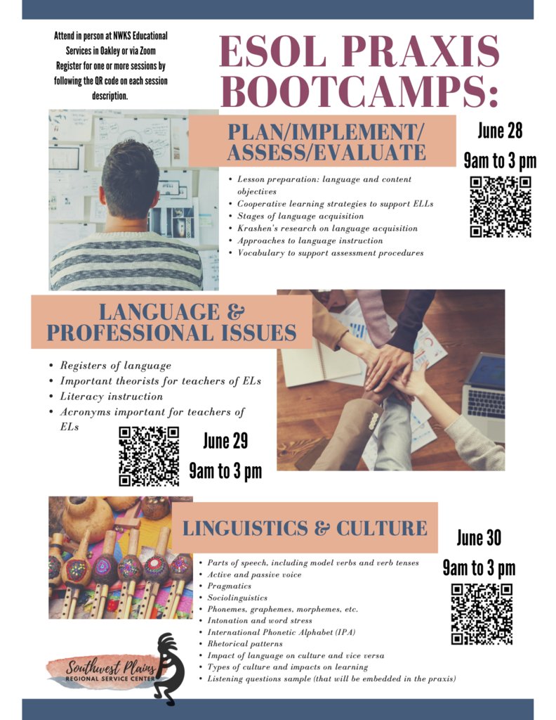 NWKS Teachers will learn how to structure their classrooms, lesson plans, and teaching strategies to successfully support English learners. There are 3 separate workshops in this series. Pick one or more as needed to support your preparations for the ESOL Praxis.