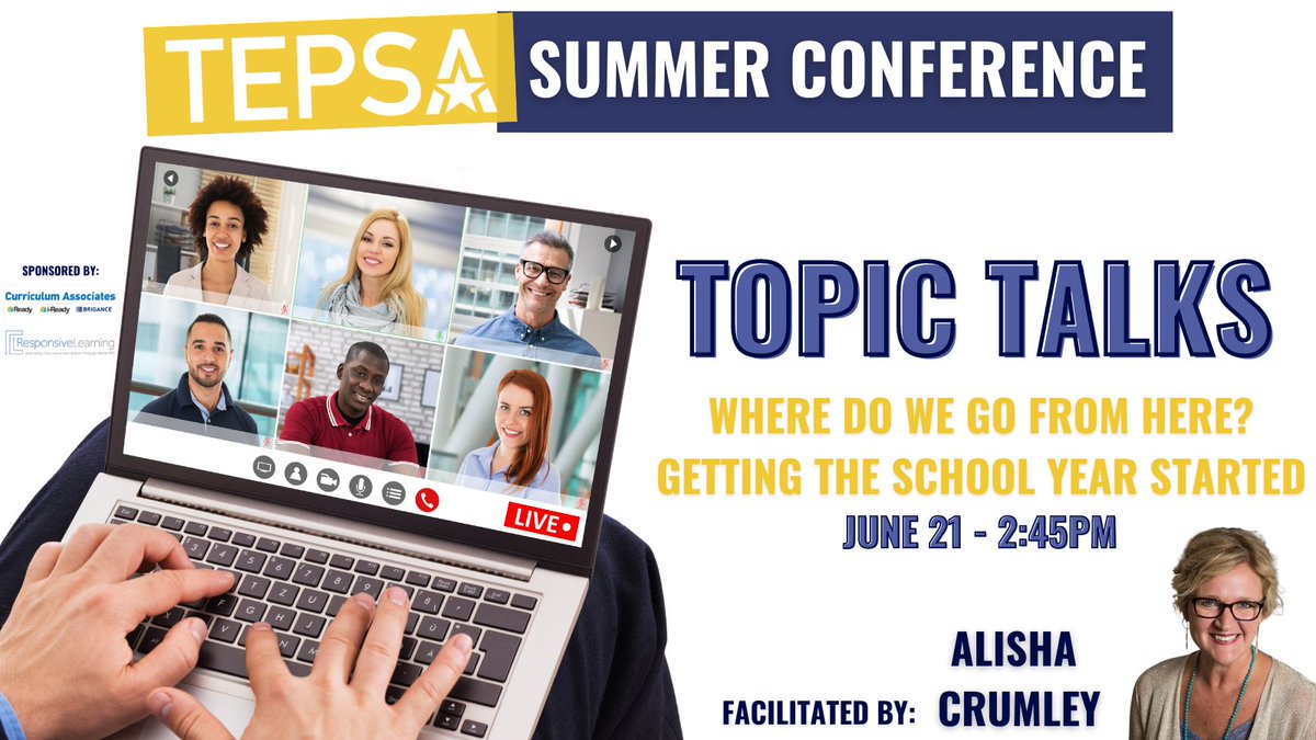 Join in with <a href="/ACrumley/">Alisha Crumley</a> on June 21st at 2:45pm as she facilitates a conversation with YOU about where do we go from here?

This conversation is sponsored by <a href="/CurriculumAssoc/">Curriculum Associates</a> and Responsive Learning!

Register for Summer Conference here: bit.ly/36NSr95

#WeLeadTX